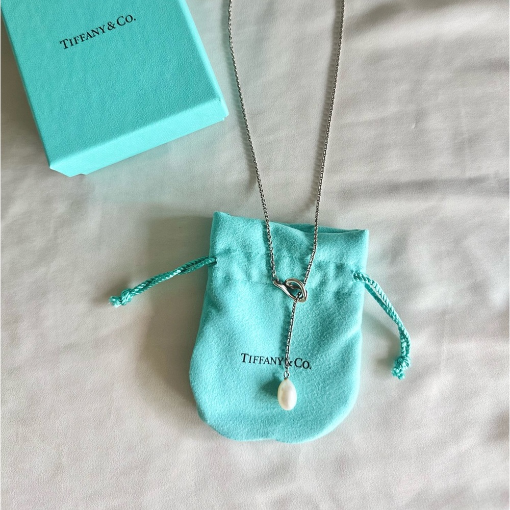 Tiffany & Co. Elsa Peretti Open Wave Pearl & SS Lariat Silver Necklace